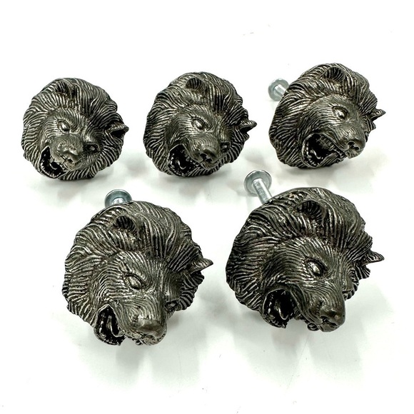 Vintage KMD Lion Head Cabinet Drawer Pulls Knobs Metal Pewter 1999 Set of 5 - Picture 1 of 8